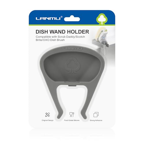 LANMU Dish Wand Holder Compatible with Scrub Daddy Dishwand, Auto-Draining Dish Brush Holder for Kitchen Sink, Strong Adhesive Organizer, Keep Counter Clean & Dry