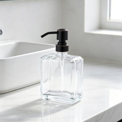 Clear Glass Soap Dispenser with Oil Rubbed Bronze Pump, 13.5 OZ Liquid Soap Dispenser Square with Stainless Steel Pump for Dish Hand Soap Bathroom Kitchen Vanity Countertop - color: Oil Rubbed Bronze, size: 13.5 oz