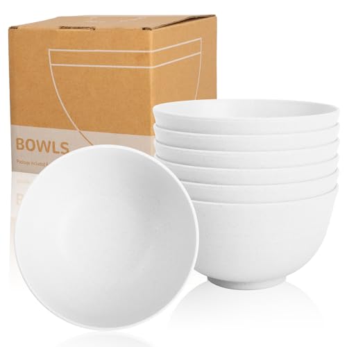 Wheat Straw Sets of 6 Alternative White Plastic Bowls Reusable 26oz | Unbreakable Camping Bowls Set for Outdoors Activity, Breakfast Bowls for Cereal, Salad, Dishwasher and Microwave Safe Bowls - color: White, size: 26oz