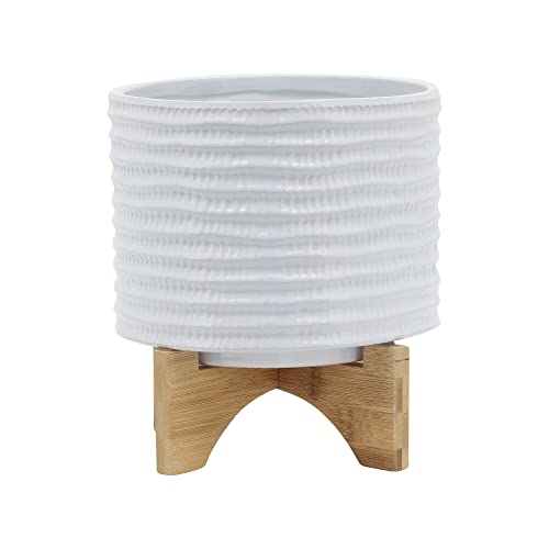 Ceramic Planter with Bamboo Stand – Modern Home Decor Indoor Plant Pot with Textured Stoneware Design – Decorative Planter with Legs for Living Room, Bedroom, Office, Patio, or Garden - 8", White - color: Geometric White, size: 8 Inch