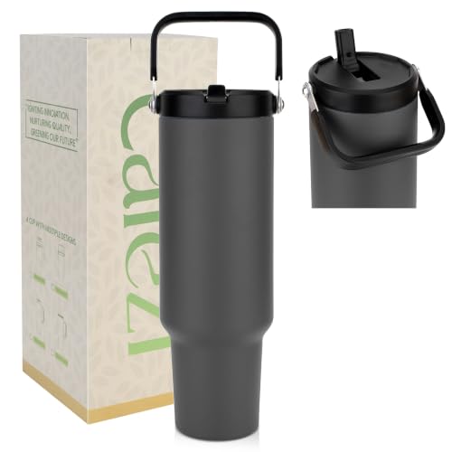 50 oz Tumbler with Lid and Straw, 18/8 Stainless Steel Water Bottles | Flip Straw, Top Handle, Leak Proof, Sweat-Free, Fits Cup Holder, Vacuum Insulated Cup for Home, Office, Outdoors, Car, Hiking - color: Charcoal Gray, size: 50 Ounces