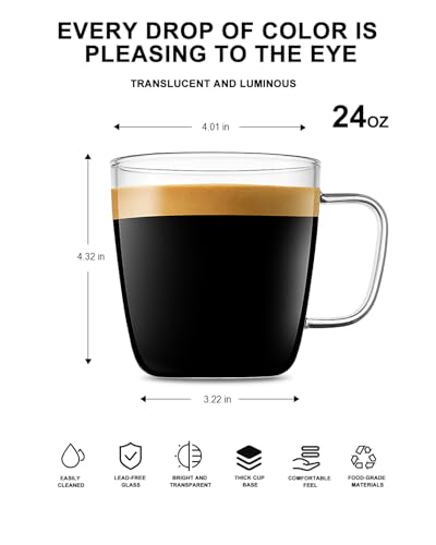 LUXU Glass Coffee Mugs, 24 oz Ice coffee cups,Large Beer Mugs Set of 2 | Everyday Drinkware,Water Glass,Glass Drink Tumblers,Bar Glassware,Borosilicate Glass Mugs with Handle for Hot/Cold Beverages - style: 24 oz large tea cups