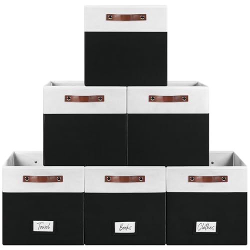 FinishingBo 13 inch Storage Bins with Labels 6 Pack | PU Leather Handles, Foldable Storage Cubes, Storage Baskets, Closet Storage, White/Black - color: White/Black, size: 13 x 13 x 13 inch