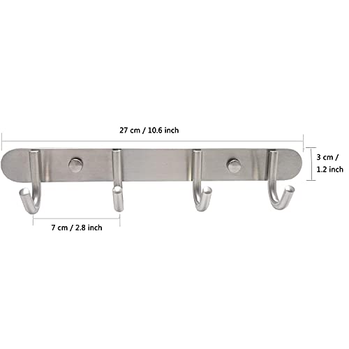 Towel Hook Rack Brushed Nickel - Sagmoc 11-Inch Coat Hook Rail Wall Mounted with 4 Hooks, Durable Wall Hangers for Bedroom, Bathroom, Foyer, Hallway (304 Stainless Steel) - size: 4R hooks