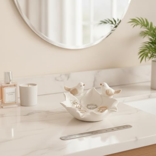 Ceramic Jewelry Tray for Vanity, Decorative Catch-All Dish for Rings Earrings Keys, 7.7 Inch Round Bowl with Bird Design (1 PC)
