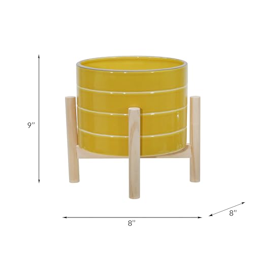Sagebrook Home 8" Ceramic Striped Planter with Pine Stand - color: Striped Mustard Yellow, size: 8 Inch