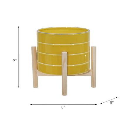 Sagebrook Home 8" Ceramic Striped Planter with Pine Stand - color: Striped Mustard Yellow, size: 8 Inch