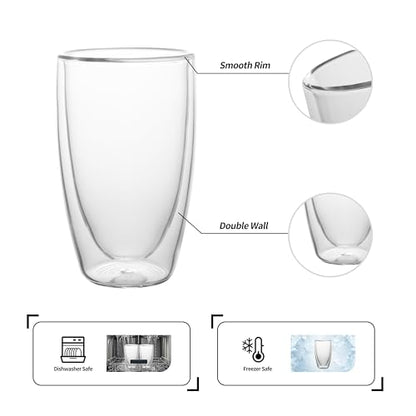 NIRA.Z 2 Pack 16oz Double Wall Glass Coffee Mugs, No Hole Bottom, Insulated Borosilicate Glass Coffee Cups, Clear Mugs for Hot & Cold Beverages, Perfect for Espresso, Latte, Tea, Cappuccino
