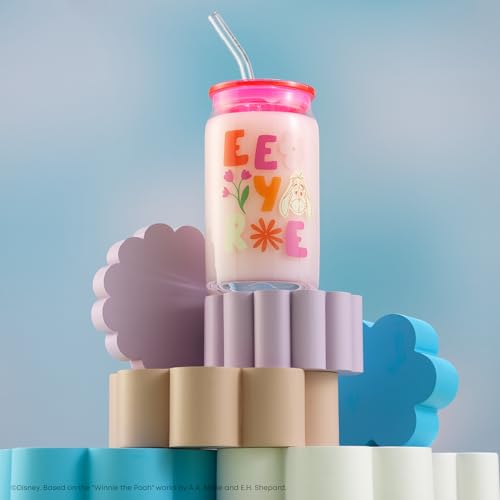 JoyJolt Disney Winnie the Pooh & Friends Flower Power Glass Tumblers with Lids and Straws, 16oz Glass Cups with Lids and Straws, Can Shaped Drinking Glasses Set of 4, Disney Gifts for Adults - style: Winnie the Pooh