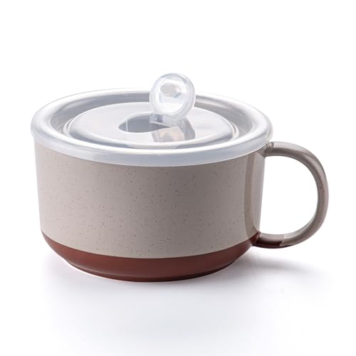 Jumbo Ceramic Soup Bowl with Lid, Microwave Safe - Grey | Soup Mug with Big Handle for Ramen Cereal Breakfast Meal Prep Office Lunch Dorm Living - 38 oz Extra Large Food Container - color: Gray, size: Set of 1