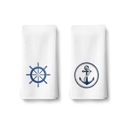 2 Pack Nautical Decorative Hand Towels for Bathroom - Ocean Dish Towels for Kitchen, Coastal Waffle Bath Hand Towel, Summer Beach House Boat Anchor Nautical Bathroom Decor, Beach Gifts for Women059 - color: Ccolor001