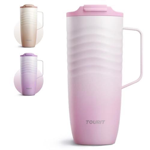TOURIT 20oz Insulated Coffee Mug with Handle, Leak-Proof Travel Tumbler | 20oz · Side Handle · Ripple Grip · 6h Hot/12h Cold · Leak-Proof · Silicone Base · 304 Steel - color: Pink, size: 20 Ounces