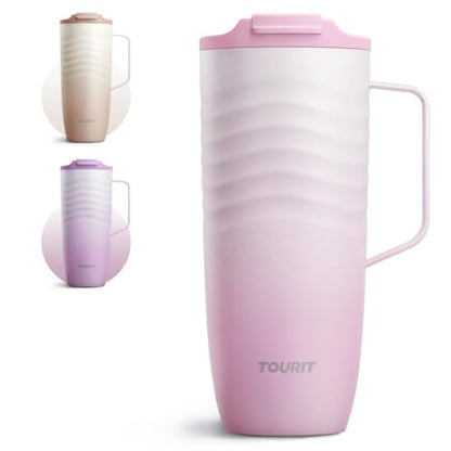 TOURIT 20oz Insulated Coffee Mug with Handle, Leak-Proof Travel Tumbler | 20oz · Side Handle · Ripple Grip · 6h Hot/12h Cold · Leak-Proof · Silicone Base · 304 Steel - color: Pink, size: 20 Ounces
