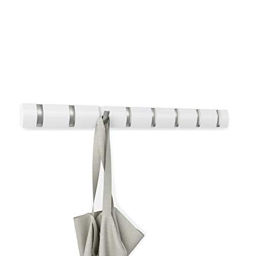 Umbra Flip Coat Rack, Wall Mount 8-Hook, Space Saving, White | Real wood and steel build, retractable hooks fold flat, holds coats bags and scarves, easy install - color: White/Nickel, size: 8-Hook
