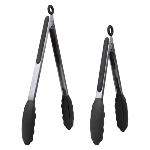 Kitchen Tongs for Cooking with Non-Stick Silicone Tips, 600°F Heat Resistant Silicone Cooking Food Tong Set Heavy Duty Stainless Steel Handle for Baking Grilling BBQ Salad Serving, 9" and 12" - color: Black, size: 2Pcs, 9+12 Inch