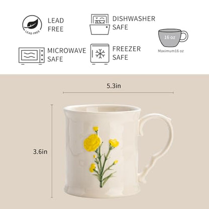 Ceramic coffee Mugs, Set of 1 Yellow Flower - 16oz, Hand-Painted, Microwave heating and dishwasher cleaning available, Ideal for Daily Brews - color: Yellow Flower