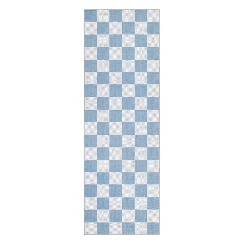 GarveeHome Checkered Blue 2x6 Washable Kitchen Runner Rug Low-Pile Entryway | Light Blue Small Area Rug for Hallway Bedroom Bathroom Non-Slip Stain Resistant Geometric Rugs TPE Backing - color: Light Blue, size: 2' x 6' (Rectangular)