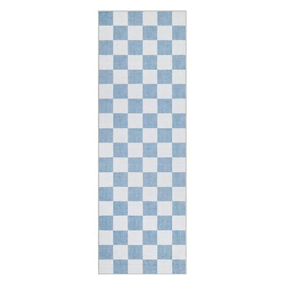 GarveeHome Checkered Blue 2x6 Washable Kitchen Runner Rug Low-Pile Entryway | Light Blue Small Area Rug for Hallway Bedroom Bathroom Non-Slip Stain Resistant Geometric Rugs TPE Backing - color: Light Blue, size: 2' x 6' (Rectangular)