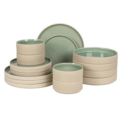 Gibson Elite Liberty Bay 16-Piece Pottery Clay Stoneware Dinnerware Set – Mint Green Reactive Glaze, Stackable Plates and Bowls W/Pasta Bowl, Service for 4 – Microwave & Dishwasher Safe - color: Mint Green (Liberty Bay), size: Service for 4 (16pcs)