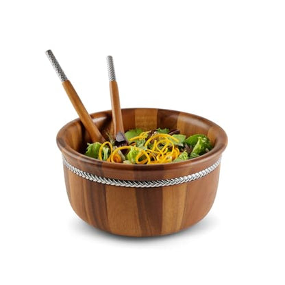 nambe Braid Round Wooden Salad Bowl 3 Piece Set | 11-Inch Salad Bowl with Serving Utensils | Acacia Wood and Chrome Plate Salad Servers and Fruit Bowl | Housewarming Gift | Designed by Sean O’Hara