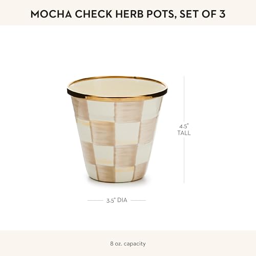 MACKENZIE-CHILDS Enamel Herb Pot Set, Small, Brown-and-White Mocha Check | Hand-painted design, small plant pots for herbs or flowers, 3.5" dia. x 3.25" H, 8-ounce capacity per pot, set of 3 - color: Mocha Check