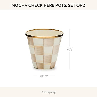 MACKENZIE-CHILDS Enamel Herb Pot Set, Small, Brown-and-White Mocha Check | Hand-painted design, small plant pots for herbs or flowers, 3.5" dia. x 3.25" H, 8-ounce capacity per pot, set of 3 - color: Mocha Check