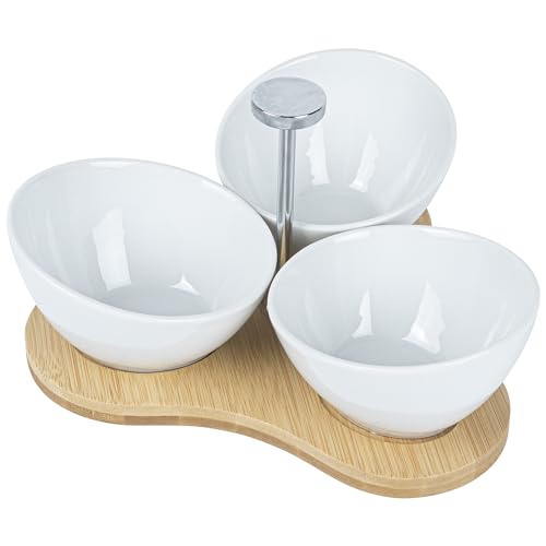 Restaurantware-15 Ounce Bowl Set with Tray - 1 Dishwashable Serving Set, Includes 3 Porcelain Bowls And 1 Bamboo Tray, Durable, White Porcelain And Bamboo Bowl And Platter Kit, Reusable, Freezable - size: Triple set, style: Incline