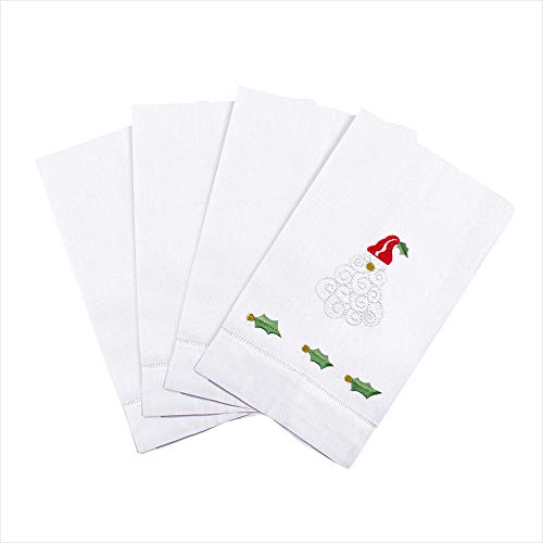 Saro Lifestyle Embroidered Santa Claus Christmas Hemstitched Linen Cotton Guest Towel (Set of 4), White, 14"x22" - color: Santa Claus