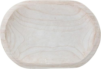 Large Whitewashed Decorative Wood Bowl - Hand Carved Paulownia Tray for Coffee Table Centerpiece & Entryway Catchall - Organic Modern Farmhouse Decor