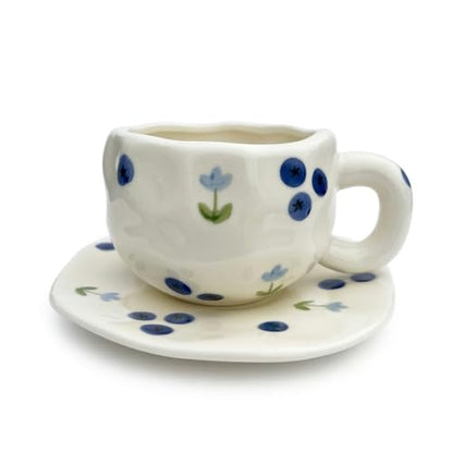 TREEWOO Hand Painted Blueberry Ceramic Coffee Cup and Saucer Set, 250ml/8 oz, Korean Style, Hand Pinched Irregular Cappuccino Latte Tea Cup - color: Blueberry