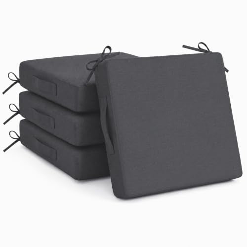Outdoor Chair Cushions Set of 4, 19x19 Waterproof Patio Pads, Dark Gray | Fade resistant fabric with ties, handle and 3-inch foam for dining seats, decks, porches, gardens and hard seating - color: Dark Gray