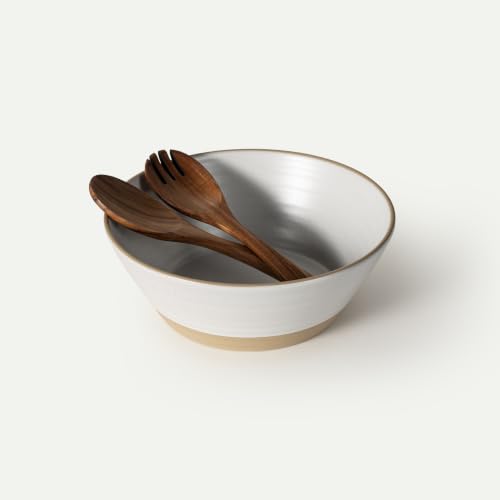 Mora Giant Salad Bowl Set with Wood Salad Servers, 4 qt Large Ceramic Serving Bowl for Salad, Pasta & Fruit, Microwave, Oven and Dishwasher Safe - Cloud - color: Cloud