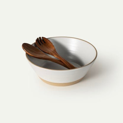 Mora Giant Salad Bowl Set with Wood Salad Servers, 4 qt Large Ceramic Serving Bowl for Salad, Pasta & Fruit, Microwave, Oven and Dishwasher Safe - Cloud - color: Cloud