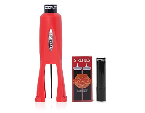 Cork Pops Legacy Wine Opener Built-in 4-Blade Foil Cutter Safe Cork Removal, Effortless Push Button Use, Needle Guard for Safety, Low-Pressure Cartridge Opens Up To 60 (Red, With 3 Cartridges) - color: Red, size: 3 Cartridges