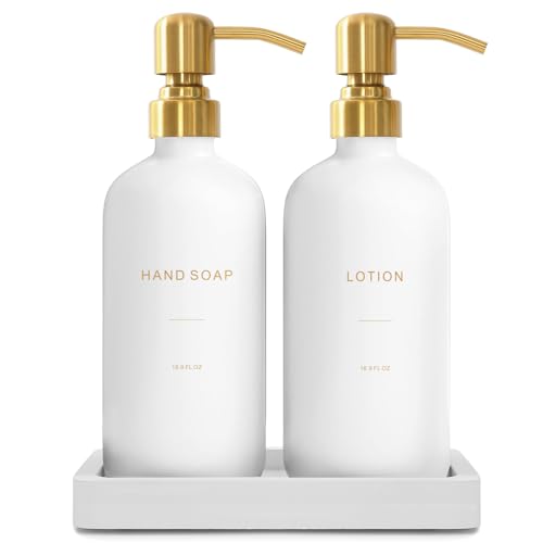 Prus Waso Gold Soap Dispenser Bathroom Set | Hand and Lotion Dispenser with Stainless Steel Pump, Perfect for Modern Bathroom Decor - color: Gold Pump & White Bottle
