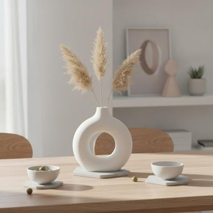 Modern Torus Ring Vase, Geometric Donut Shape Flower Holder for Home and Office Decor, White Plastic Sculptural Accent