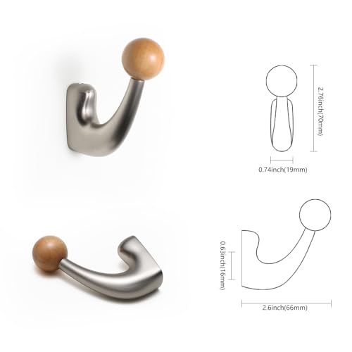 wall-Mounted Light Luxury Coat Hooks, Used for Hanging Coats, Hats, Scarves and Towels, Suitable for Entrance Halls, bathrooms and bedrooms (2, 7110Nickel Brushed Finish + Beech Wood) - color: 7110Nickel brushed finish + beech wood
