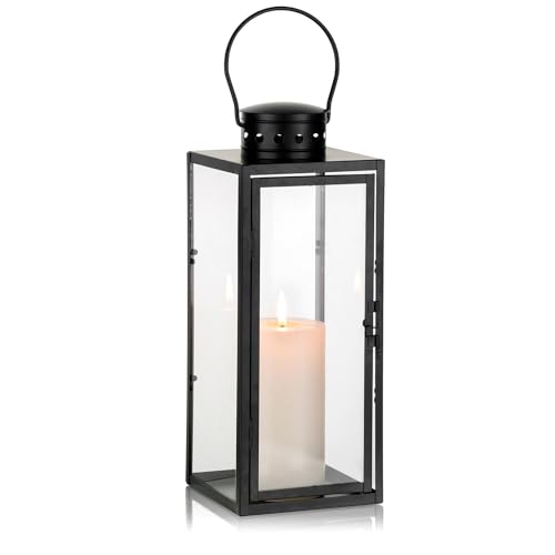 NUPTIO Large Lantern Decorative Indoor, 13.8 inch Tall Metal Floor Lantern | Hanging Lantern with Glass Panel Vintage Candles Holder for Christmas Holiday Home Fireplace Tabletop Decoration - color: Black, size: Large