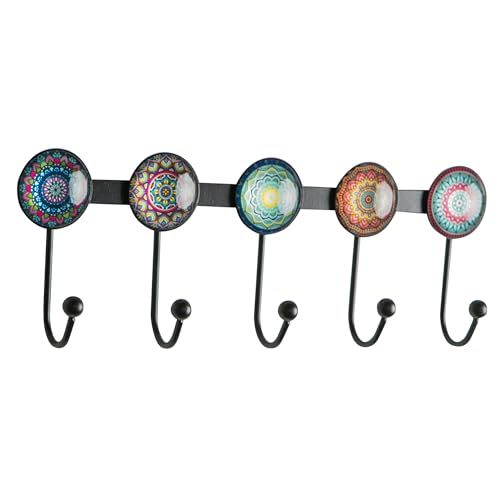 Boho Coat Rack Wall Mounted with 5 Hooks, Multi-Color Mandala Pattern Decorative Wall Hooks for Hanging Hat, Key, Towel, Purse, Bag, and Robe - for Entryway, Bathroom, and Office - color: Multicolor