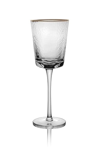 Bec's Designs Wine Glasses Set of 4, 10oz Handblown, Hammered, Gold Rim | Unique triangular wine glass design creates elegant stemware for serving red wine, white wine & champagne.