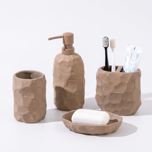 RQYIXI Ceramic 4-Piece Bathroom Accessories Set, Terracotta, Rustic | ceramic artisan handcrafted texture wabi sabi style unique organic modern countertop organization - color: Terracotta, size: Embossed Textured-4-Piece