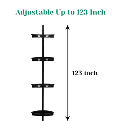 360° Rotating Corner Shower Caddy Organizer Tension Pole, 4-Tier Adjustable Rustproof Corner Shelf with Metal Pole for Inside Shower, Extra Towel Bar & Soap Dish, Bathroom Storage for Bathtub, Black