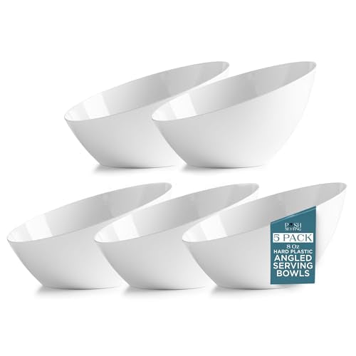 5 Pack White Angled Plastic Serving Bowls Disposable for Party Table 8oz | Angled Bowl Design. Chip, Candy, Salad & Fruit Use. Disposable Party Tableware. Buffet & Wedding Serving. White Plastic. - color: White, size: Small 8 OZ