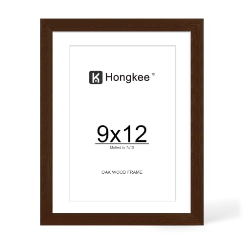 Hongkee 9x12 Oak Wood Picture Frame 1 Pack(Matted 7x10), Real Glass Cover | Walnut, 9 x 12 Solid Wood Frame for Wall or Tabletop Display - Includes Easel Back, Vertical Hang - Ideal for Home, Office - color: Walnut, size: 9X12 in