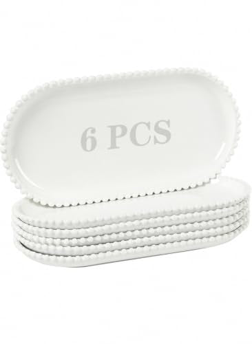 12 Inch Porcelain Serving Platters, White Ceramic Trays, Set of 6 | Oval Serving Plate with Beaded Edge, For Steak, Taco, Sushi, Appetizer, Cake, Dishwasher & Oven Safe
