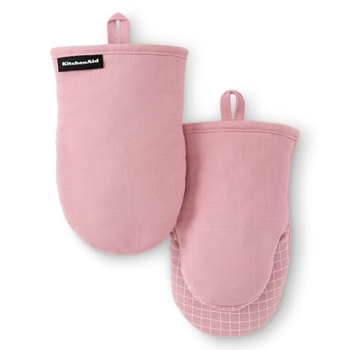 KITCHENAID Gourmet Series Gridlines Mini Oven Mitts 2-Pack Set, Heat Resistant up to 600°F, Soft Silicone Grip, Magnetic Cuff, Dried Rose, 5.5"x9" - color: Dried Rose