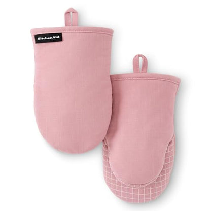 KITCHENAID Gourmet Series Gridlines Mini Oven Mitts 2-Pack Set, Heat Resistant up to 600°F, Soft Silicone Grip, Magnetic Cuff, Dried Rose, 5.5"x9" - color: Dried Rose
