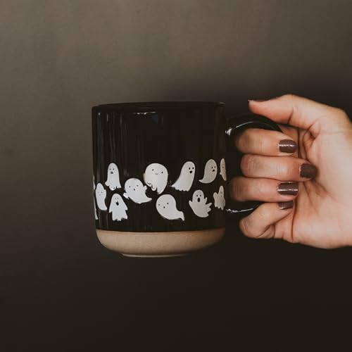 Sweet Water Decor White Ghosts Black Halloween Mugs, 14 oz - Halloween Coffee Mug Dishwasher & Microwave Safe - Fall Mug for Coffee & Hot Cocoa or Seasonal Brew - Black Stoneware Ghost Mugs - style: White Ghosts