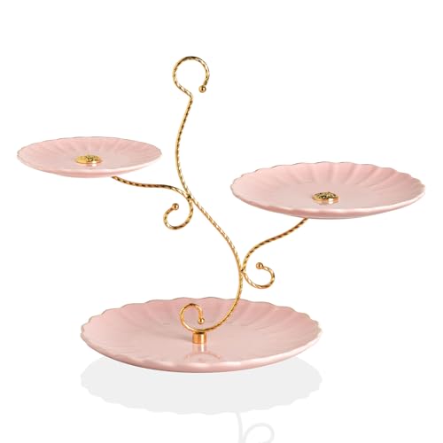 Sweejar 3 Tier Ceramic Cake Stand Wedding, Dessert Cupcake Stand for Tea Party Serving Platter (Milk Pink) - color: Milk Pink