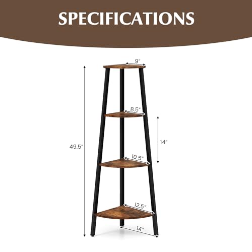 GIANTEX Corner Shelf, 4-Tier Industrial Corner Bookshelf with Metal Frame, Rustic Corner Bookcase Storage Shelves Rack, Tall Wood Corner Shelf Plant Stand for Bedroom Living Room (Rustic Brown)